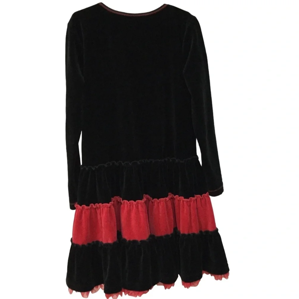 HANNAH ANDERSSON sz 10 Dress Embroidered Flowers Velour Long Sleeve Black Red +